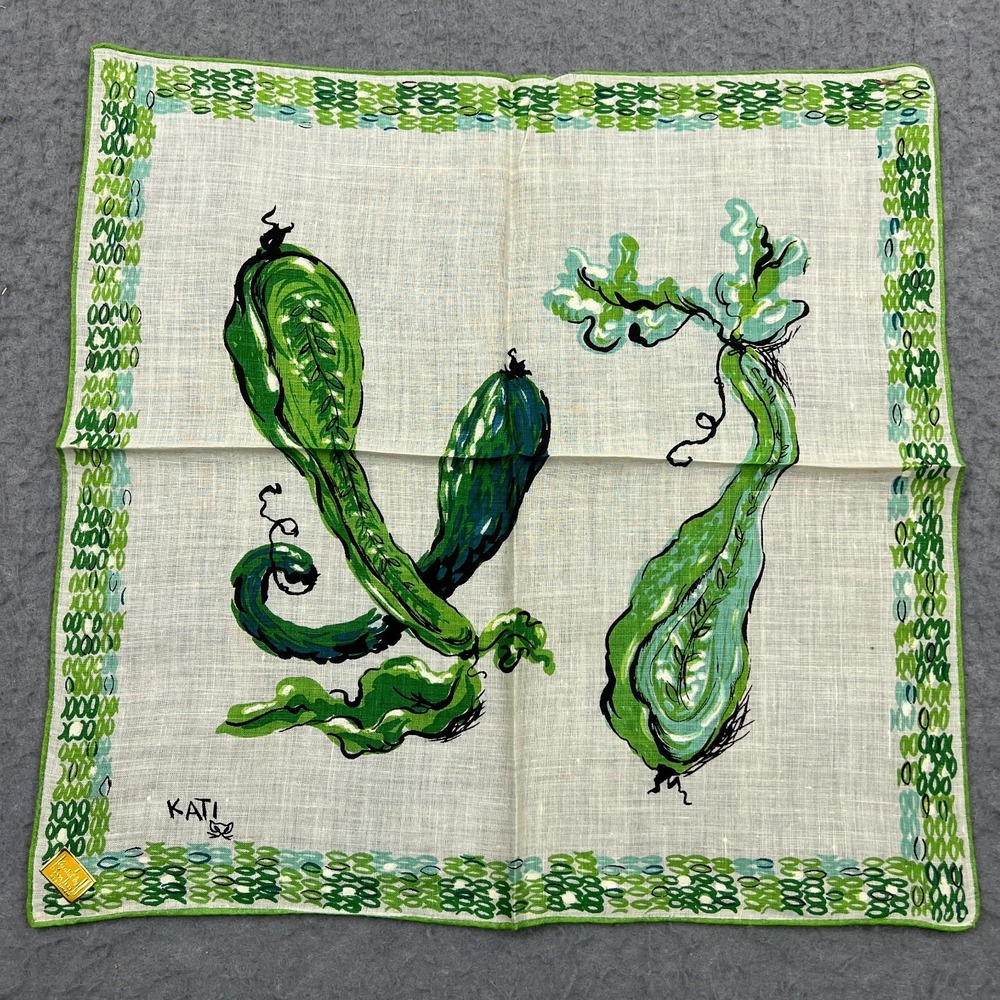 VTG  Handkerchief Kati Vegetable Zucchini Gourd‎ Green Linen Art 14.5" Hankie
